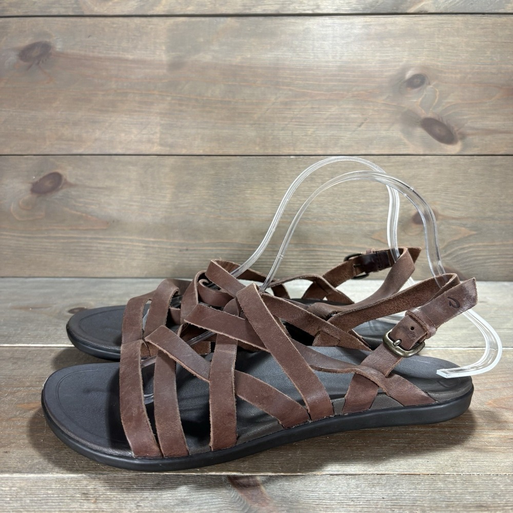 olukai awe awe womens size 8 shoes brown leather strappy slingback sandals